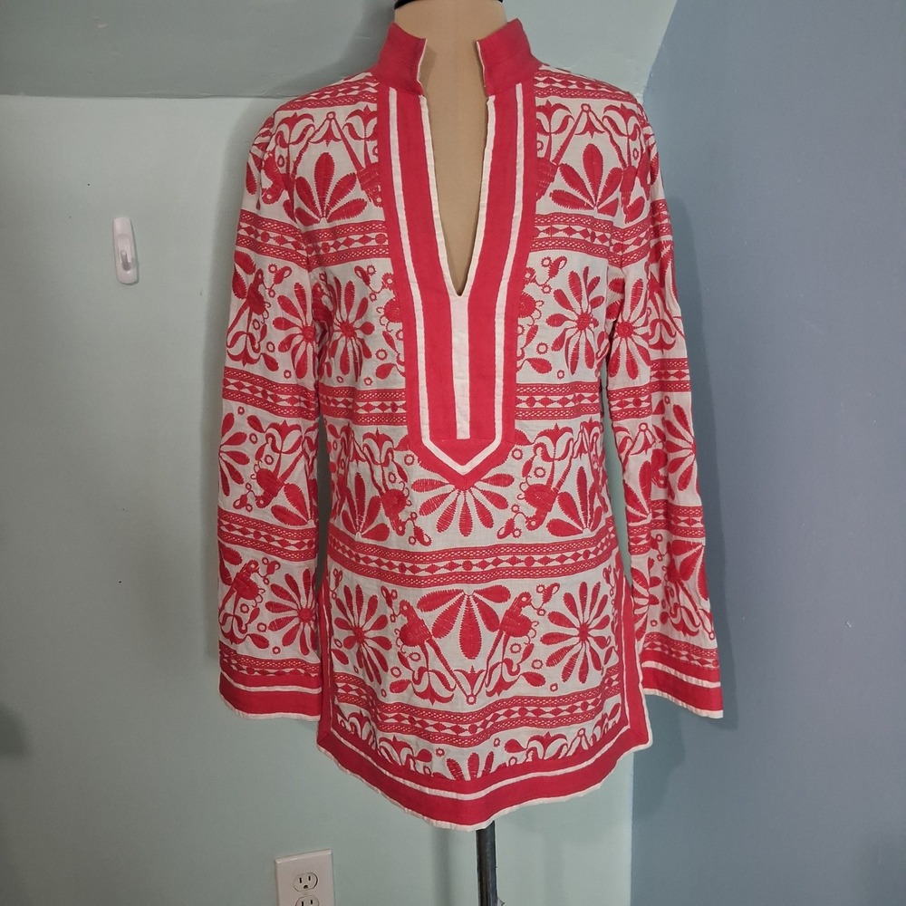 Tory Burch Red White Embroidered Cotton Tunic Top Size 8 Floral Boho Split Neck